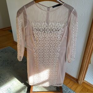 Karen Millen Size 10 Sheer Embroidered Blush Dress with Geometric Detail
